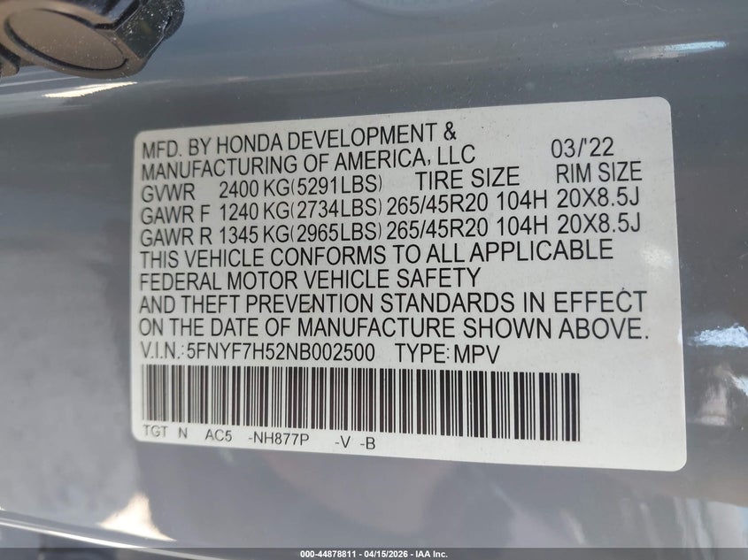 2022 Honda Passport 2Wd Ex-L VIN: 5FNYF7H52NB002500 Lot: 44878811