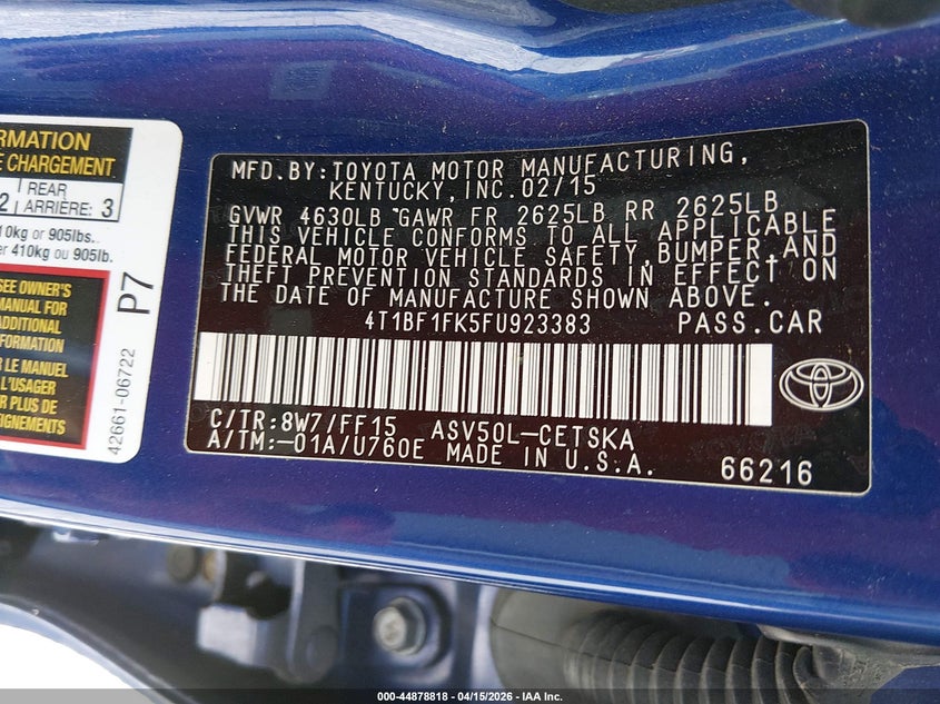 2015 Toyota Camry Se VIN: 4T1BF1FK5FU923383 Lot: 44878818