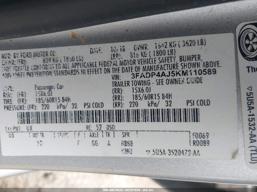 2019 Ford Fiesta S VIN: 3FADP4AJ5KM110589 Lot: 44878825