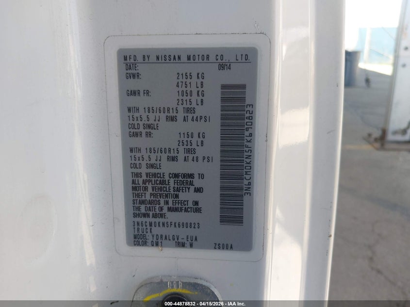 2015 Nissan Nv200 Sv VIN: 3N6CM0KN5FK690823 Lot: 44878832