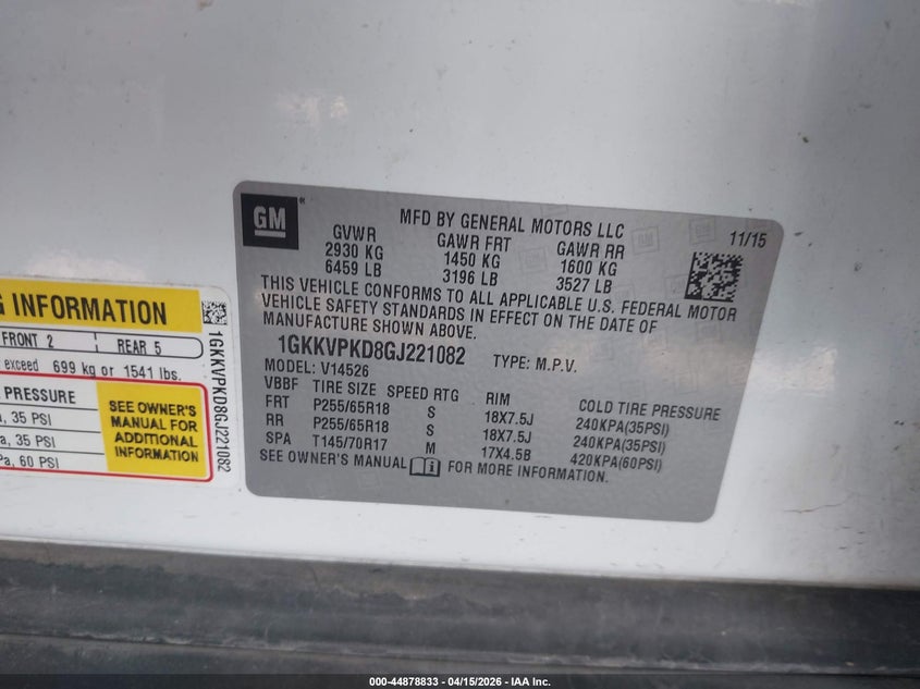 2016 GMC Acadia Sle-2 VIN: 1GKKVPKD8GJ221082 Lot: 44878833