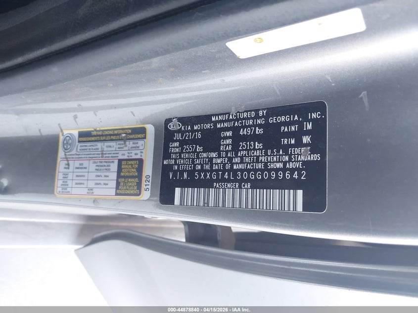 2016 Kia Optima Lx VIN: 5XXGT4L30GGC99642 Lot: 44878840