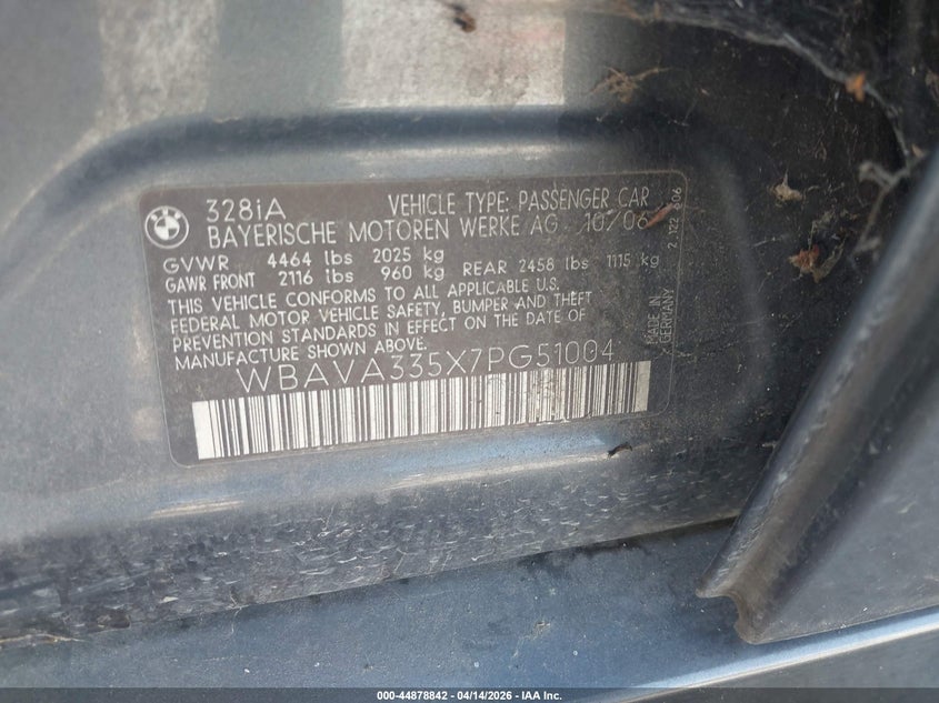 2007 BMW 328I VIN: WBAVA335X7PG51004 Lot: 44878842