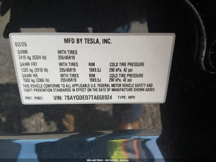 2026 Tesla Model Y Premium Rear-Wheel Drive/Standard Rear-Wheel Drive VIN: 7SAYGDED7TA658924 Lot: 44878843