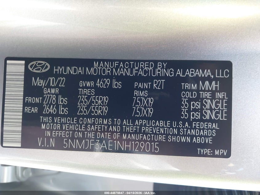 2022 Hyundai Tucson Sel VIN: 5NMJF3AE1NH129015 Lot: 44878847