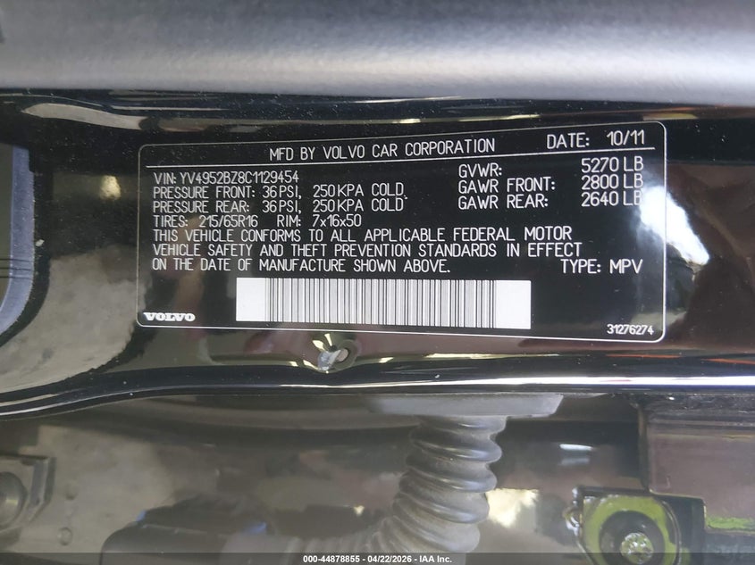 2012 Volvo Xc70 3.2/3.2 Platinum/3.2 Premier/3.2 Premier Plus VIN: YV4952BZ8C1129454 Lot: 44878855