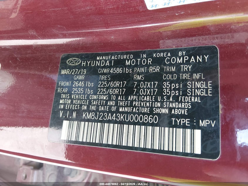 2019 Hyundai Tucson Se VIN: KM8J23A43KU000860 Lot: 44878862