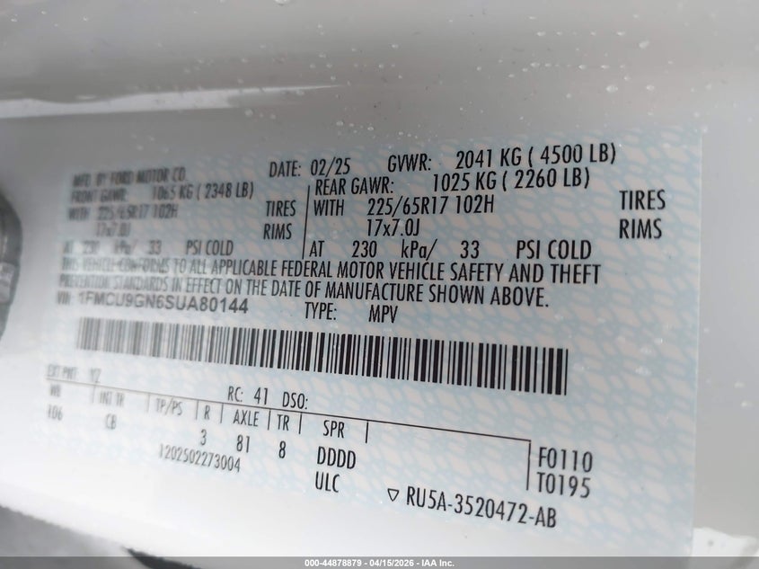 2025 Ford Escape Active VIN: 1FMCU9GN6SUA80144 Lot: 44878879