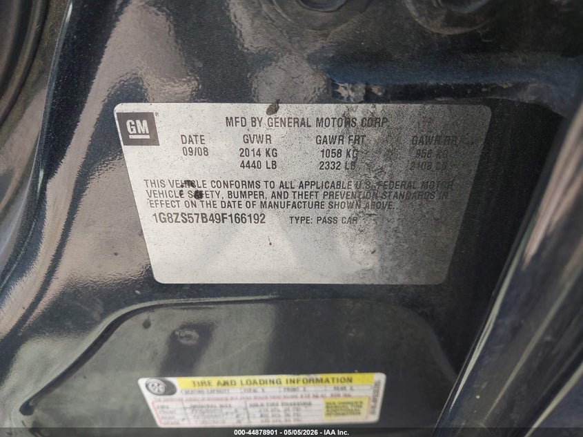 2009 Saturn Aura Xe VIN: 1G8ZS57B49F166192 Lot: 44878901
