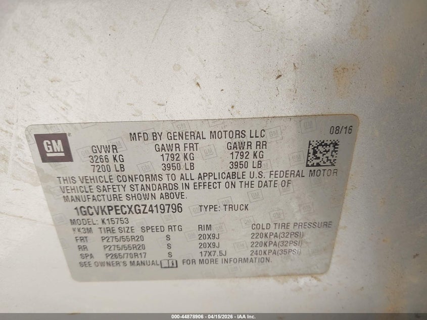 2016 Chevrolet Silverado 1500 Custom VIN: 1GCVKPECXGZ419796 Lot: 44878906