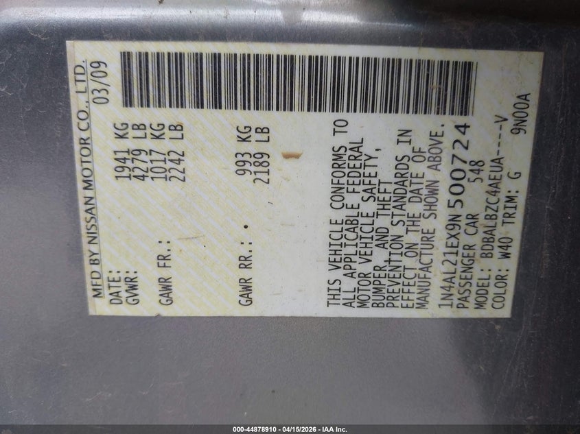 2009 Nissan Altima 2.5 S VIN: 1N4AL21EX9N500724 Lot: 44878910