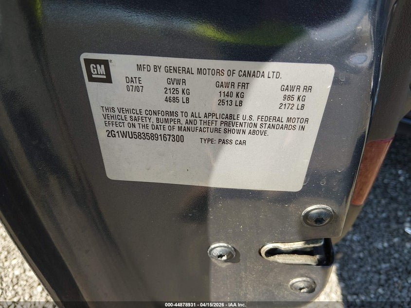 2008 Chevrolet Impala Ltz VIN: 2G1WU583589167300 Lot: 44878931