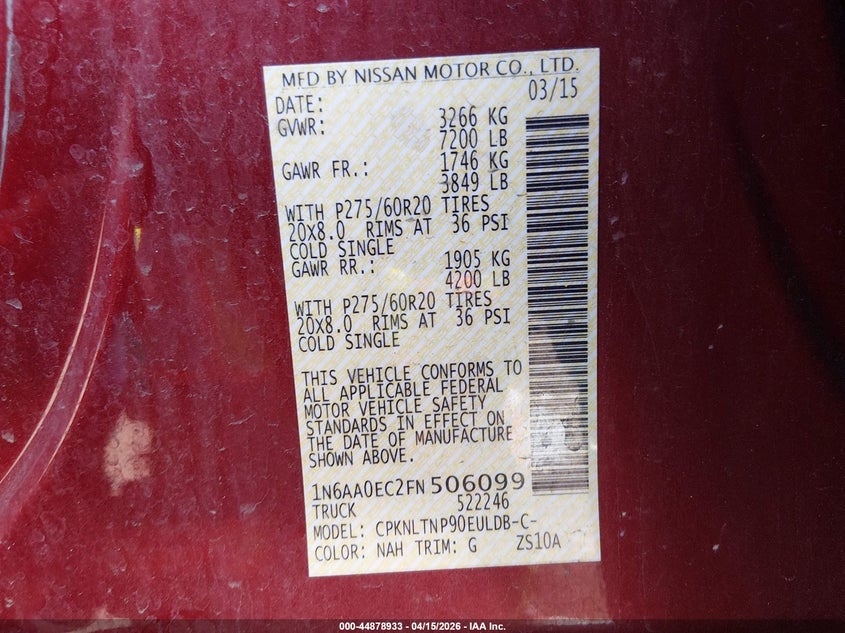 2015 Nissan Titan Sv VIN: 1N6AA0EC2FN506099 Lot: 44878933