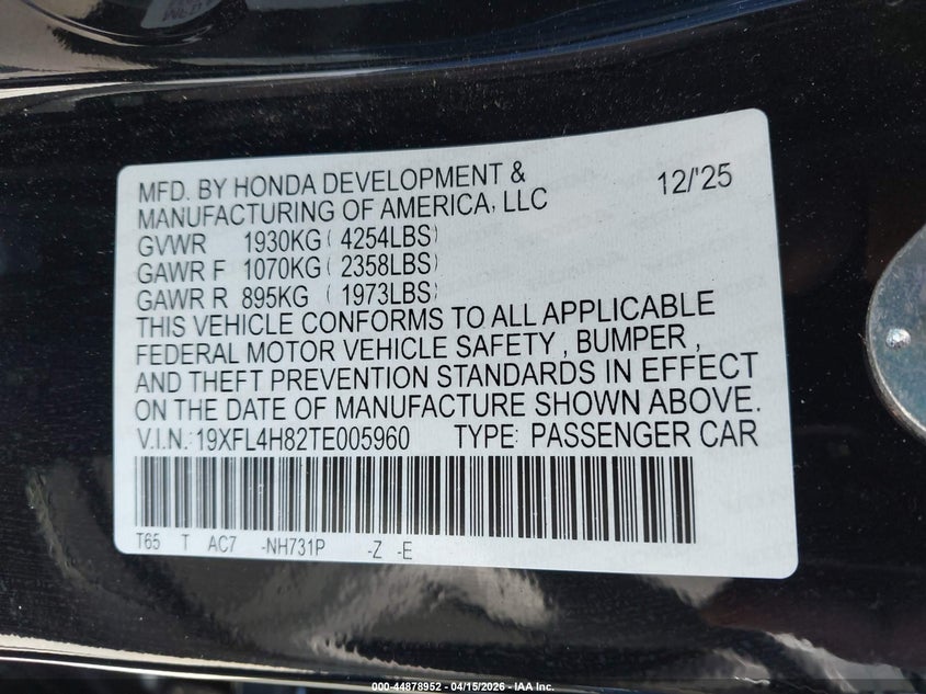 2026 Honda Civic Hybrid Sport VIN: 19XFL4H82TE005960 Lot: 44878952