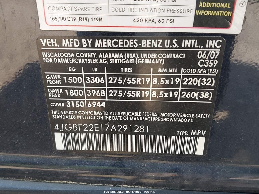 2007 Mercedes-Benz Gl 320 Cdi 4Matic VIN: 4JGBF22E17A291281 Lot: 44878959