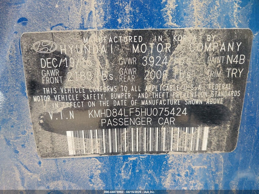 2017 Hyundai Elantra Limited VIN: KMHD84LF5HU075424 Lot: 44878960