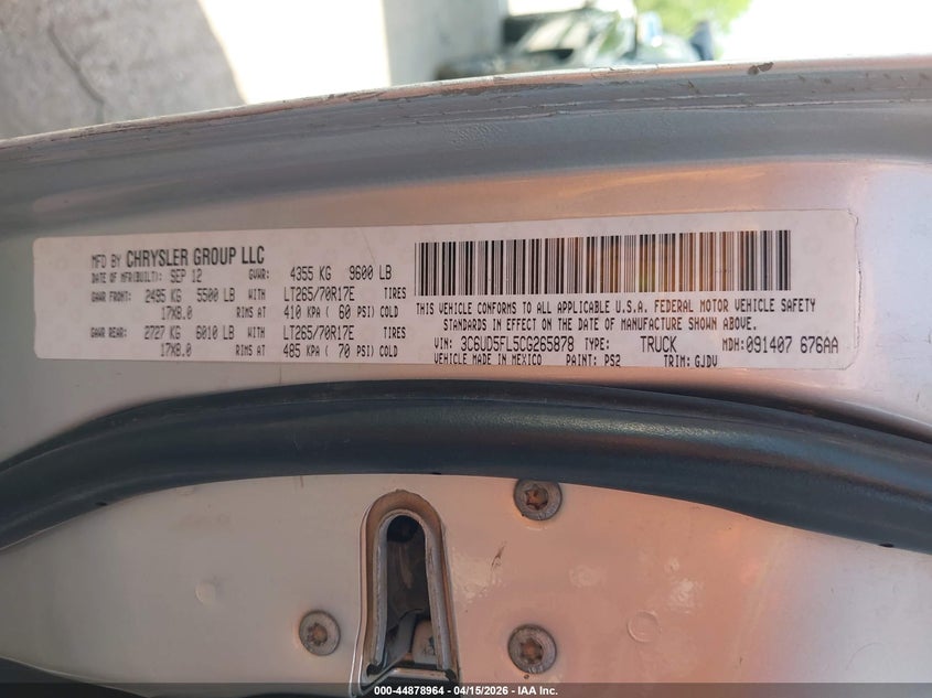 2012 Ram 2500 Laramie VIN: 3C6UD5FL5CG265878 Lot: 44878964