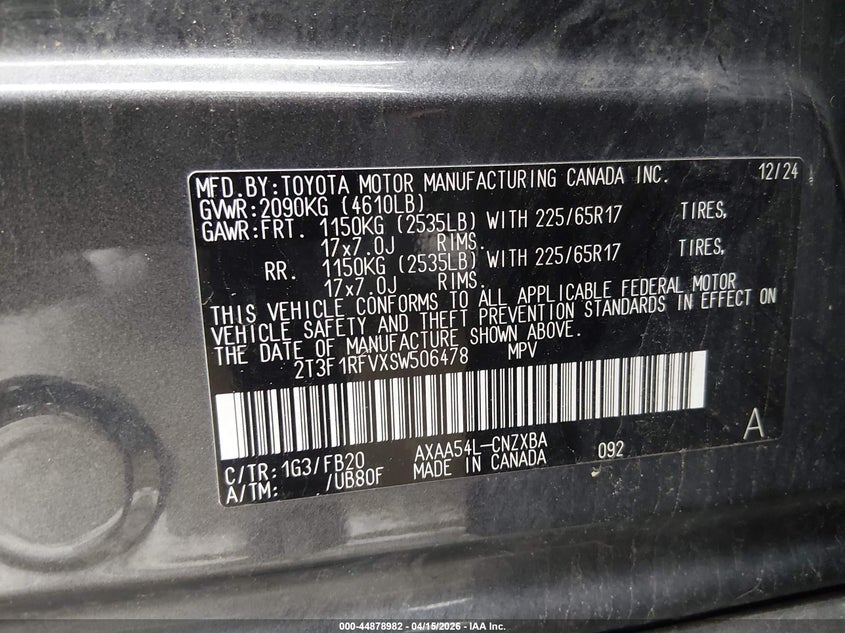 2025 Toyota Rav4 Le VIN: 2T3F1RFVXSW506478 Lot: 44878982