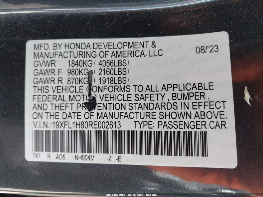 2024 Honda Civic Sport Touring VIN: 19XFL1H80RE002613 Lot: 44878987