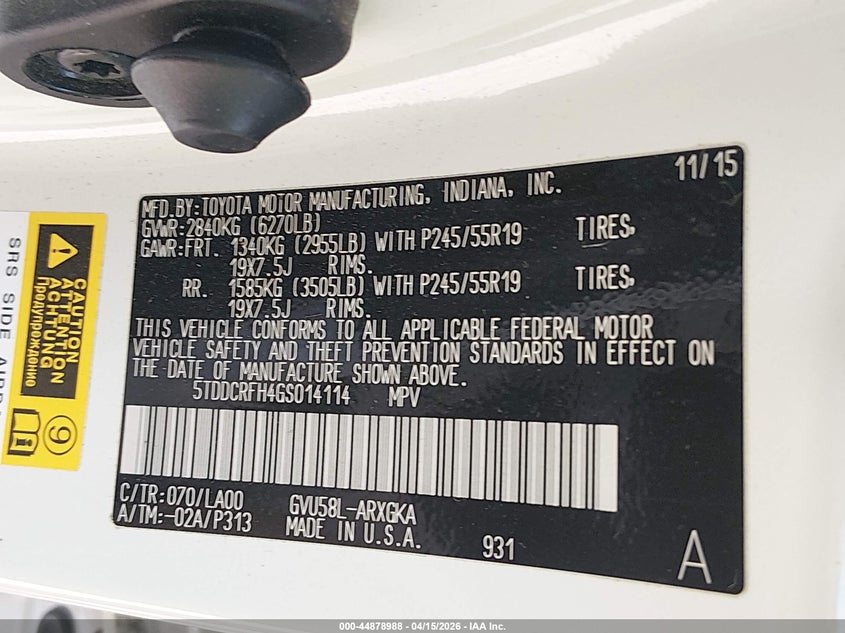 2016 Toyota Highlander Hybrid Limited VIN: 5TDDCRFH4GS014114 Lot: 44878988