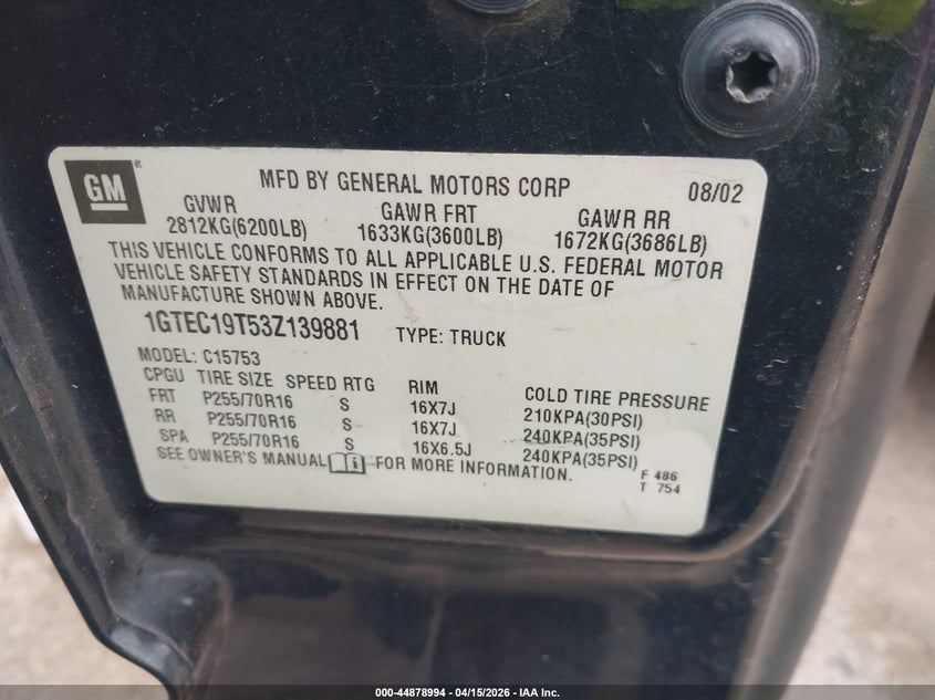2003 GMC Sierra 1500 Sle VIN: 1GTEC19T53Z139881 Lot: 44878994