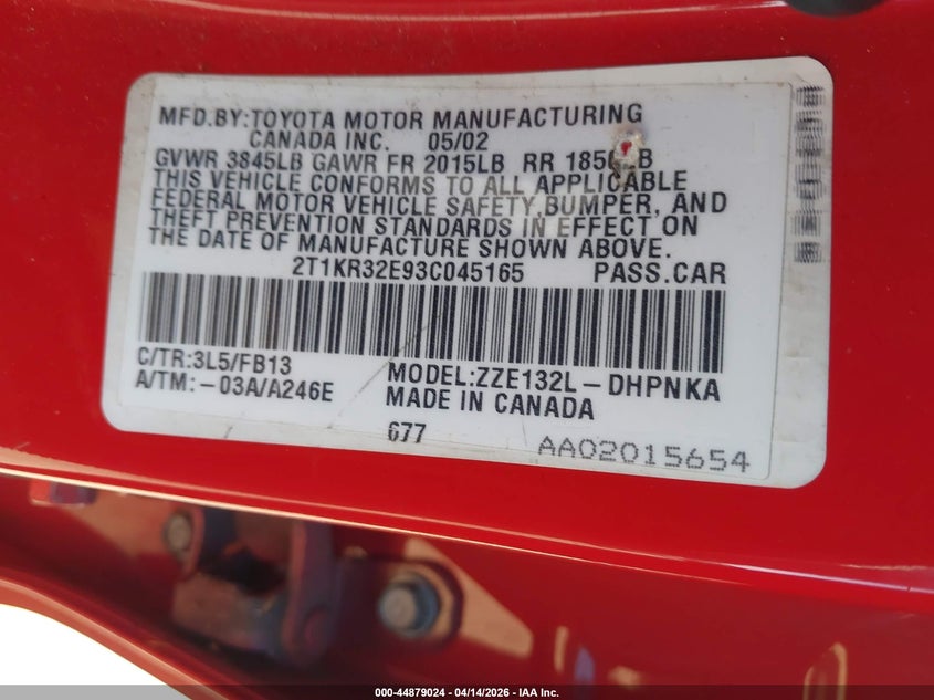 2003 Toyota Matrix Xr VIN: 2T1KR32E93C045165 Lot: 44879024