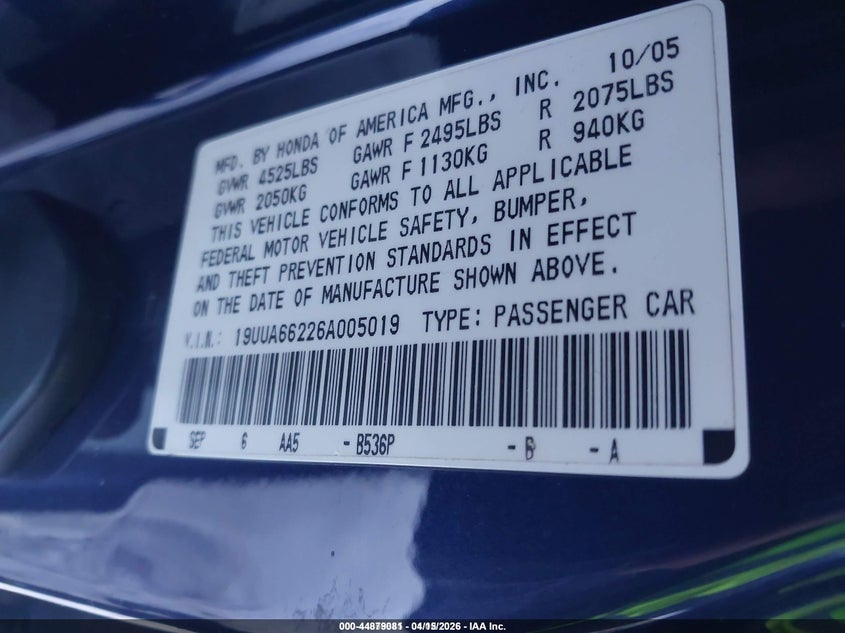 2006 Acura Tl VIN: 19UUA66226A005019 Lot: 44879081