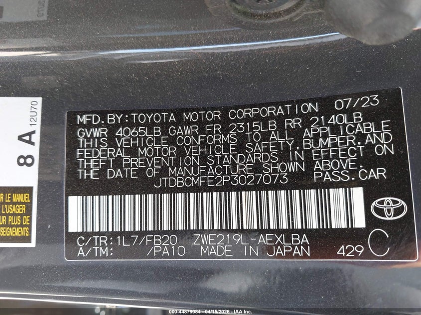 2023 Toyota Corolla Hybrid Le VIN: JTDBCMFE2P3027073 Lot: 44879084