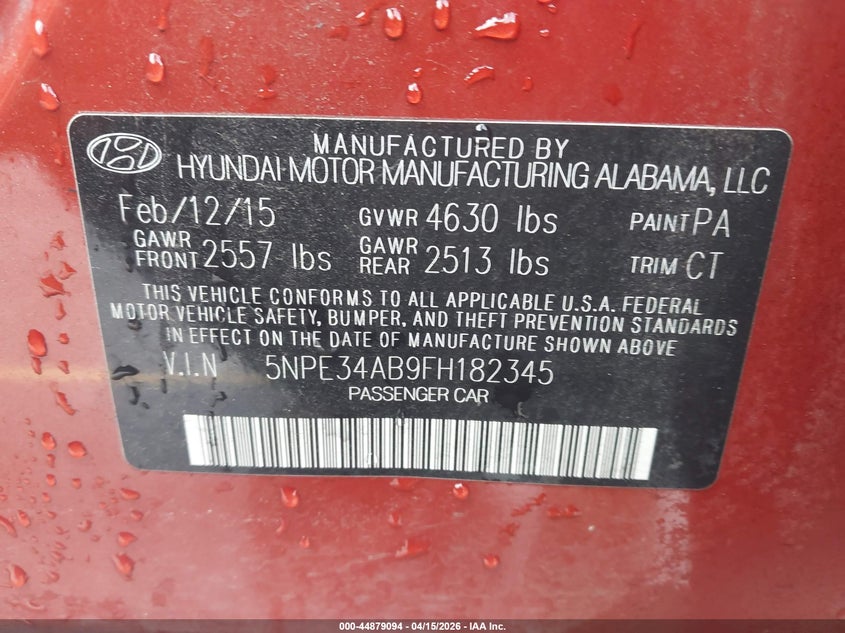 2015 Hyundai Sonata Limited 2.0T VIN: 5NPE34AB9FH182345 Lot: 44879094