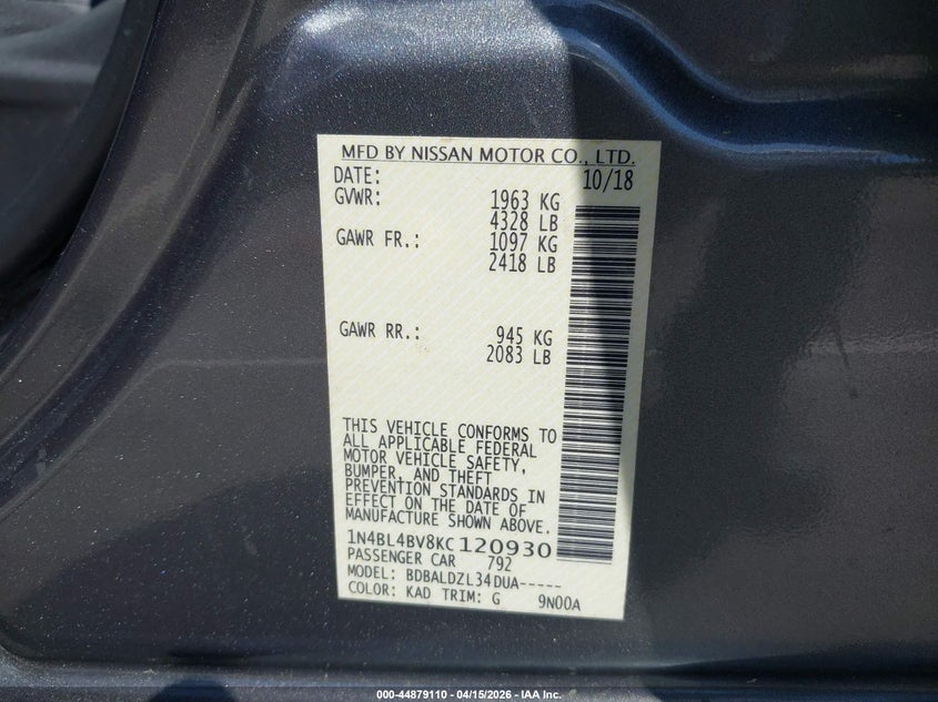 2019 Nissan Altima 2.5 S VIN: 1N4BL4BV8KC120930 Lot: 44879110