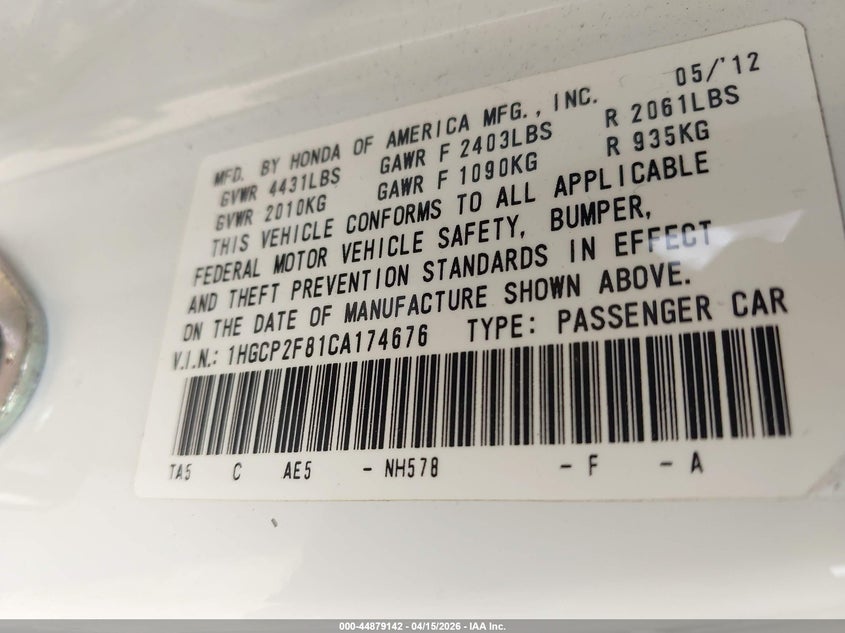 2012 Honda Accord 2.4 Ex-L VIN: 1HGCP2F81CA174676 Lot: 44879142