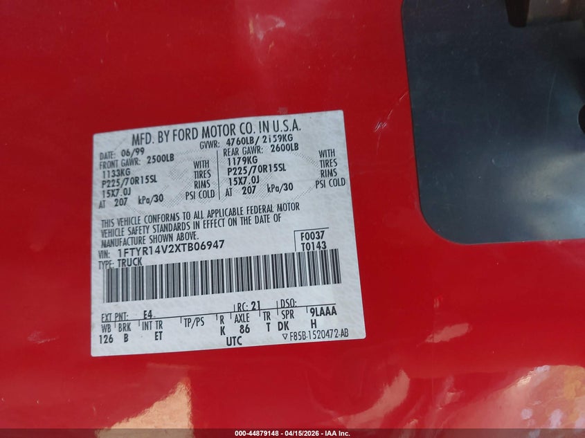 1999 Ford Ranger Xl/Xlt VIN: 1FTYR14V2XTB06947 Lot: 44879148