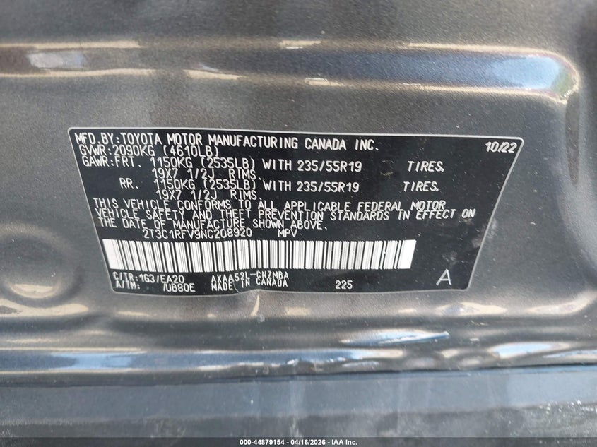VIN 2T3C1RFV9NC208920 2022 TOYOTA RAV4 XLE PREMIUM