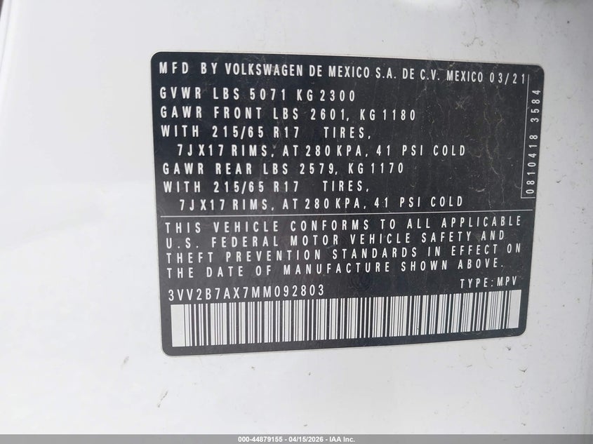 2021 Volkswagen Tiguan 2.0T Se/2.0T Se R-Line Black/2.0T Sel VIN: 3VV2B7AX7MM092803 Lot: 44879155