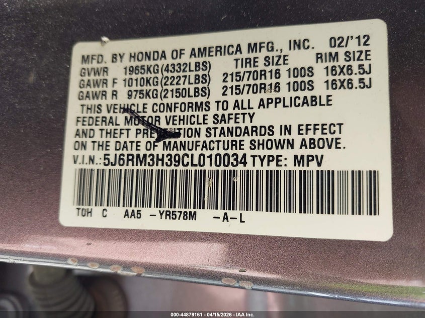 2012 Honda Cr-V Lx VIN: 5J6RM3H39CL010034 Lot: 44879161
