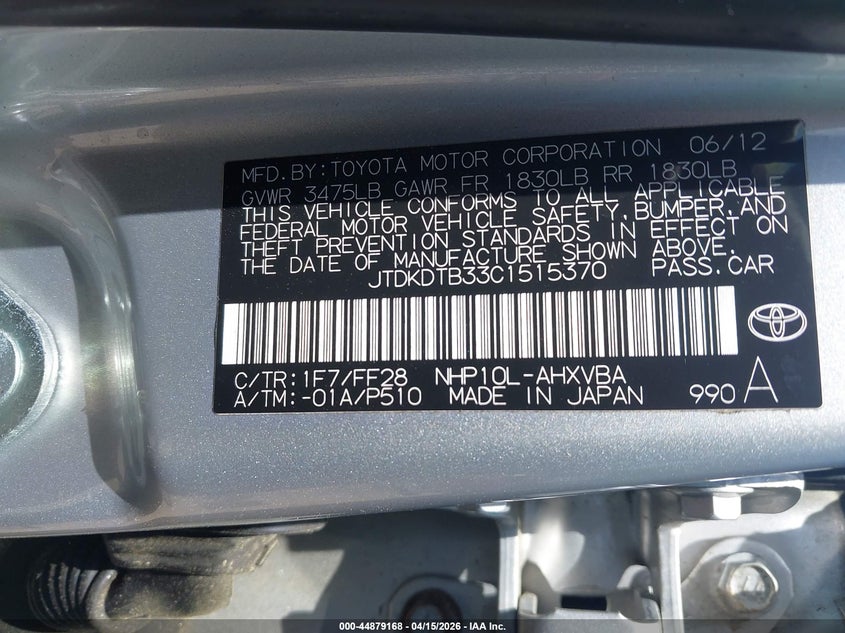 2012 Toyota Prius C Two VIN: JTDKDTB33C1515370 Lot: 44879168