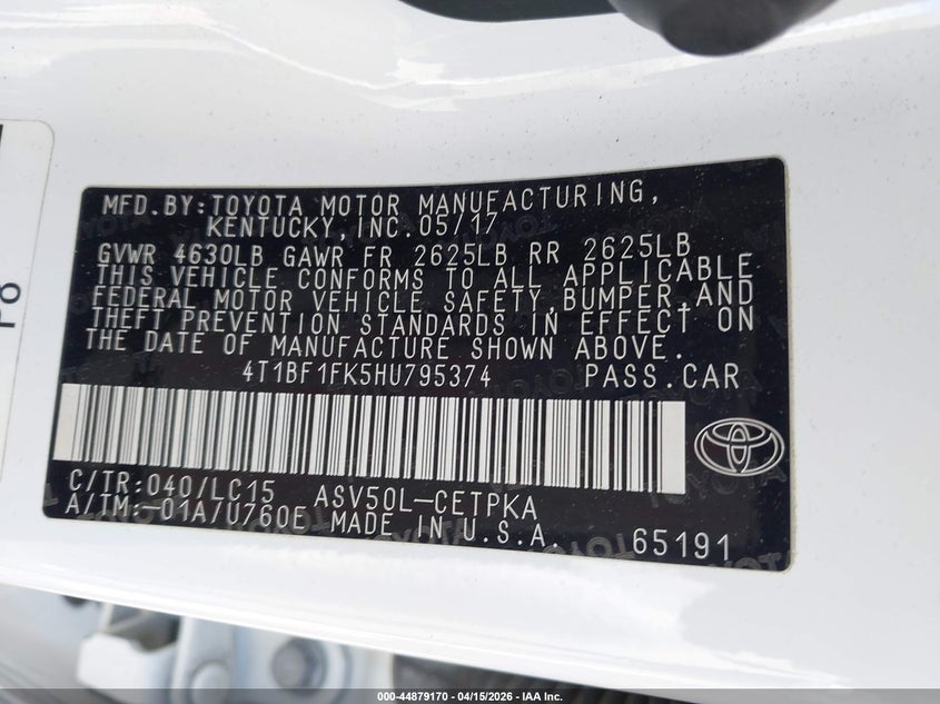 2017 Toyota Camry Xse VIN: 4T1BF1FK5HU795374 Lot: 44879170