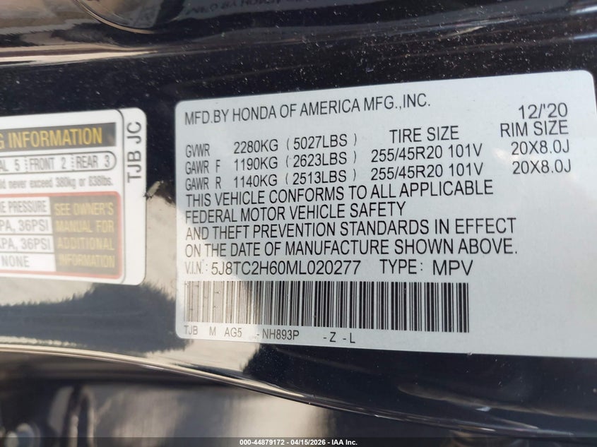 2021 Acura Rdx A-Spec Package VIN: 5J8TC2H60ML020277 Lot: 44879172