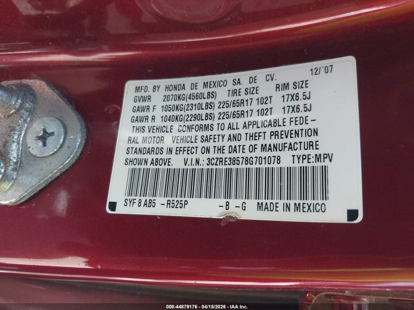 2008 Honda Cr-V Ex VIN: 3CZRE38578G701078 Lot: 44879176