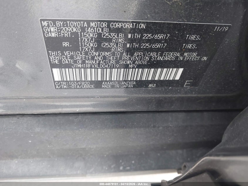 2020 Toyota Rav4 Le VIN: JTMH1RFVXLD047119 Lot: 44879181