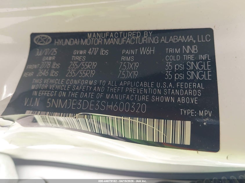 2025 Hyundai Tucson Limited VIN: 5NMJE3DE3SH600320 Lot: 44879182