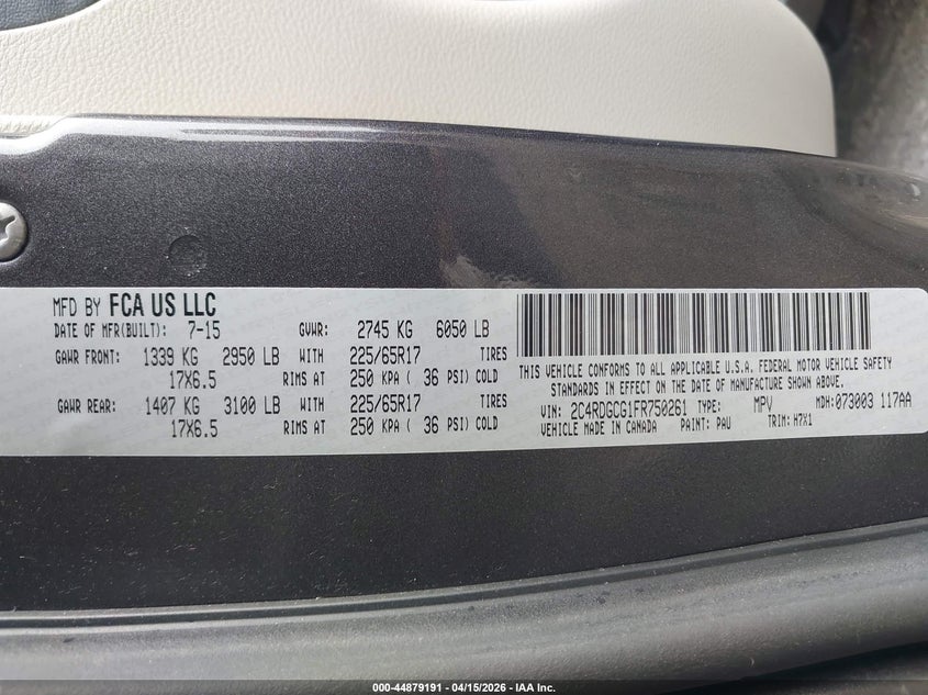 2015 Dodge Grand Caravan Sxt VIN: 2C4RDGCG1FR750261 Lot: 44879191