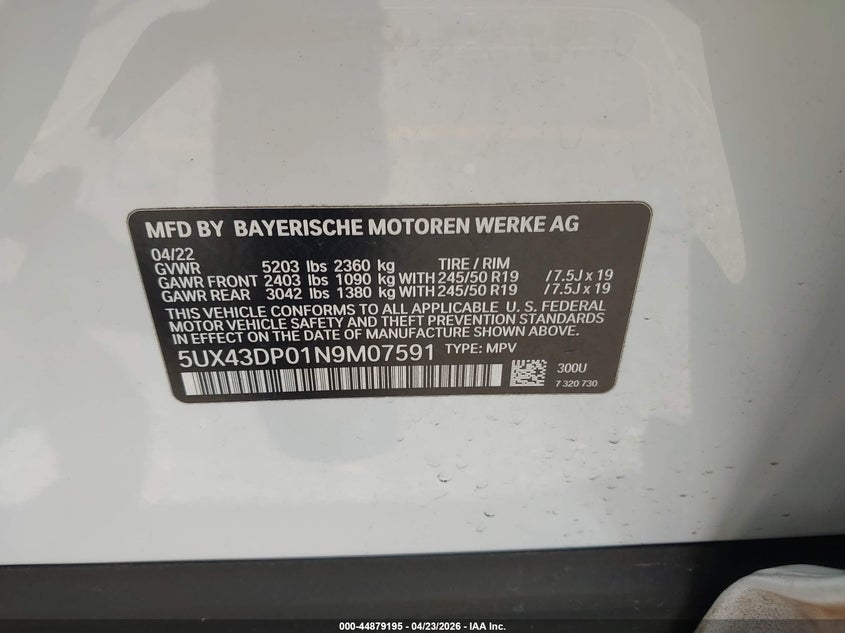 2022 BMW X3 Sdrive30I VIN: 5UX43DP01N9M07591 Lot: 44879195