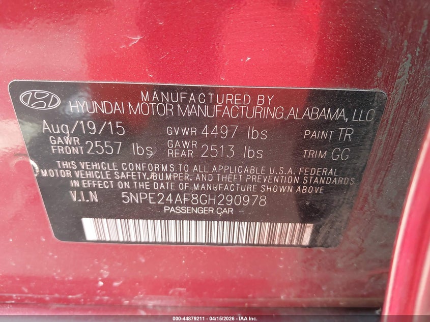 2016 Hyundai Sonata Se VIN: 5NPE24AF8GH290978 Lot: 44879211
