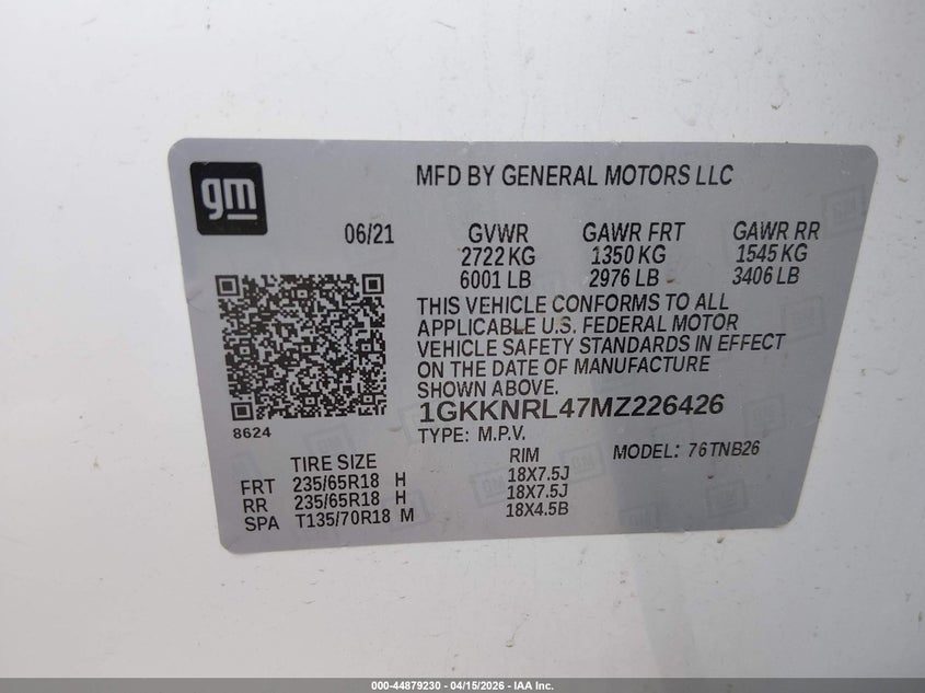2021 GMC Acadia Sle VIN: 1GKKNRL47MZ226426 Lot: 44879230