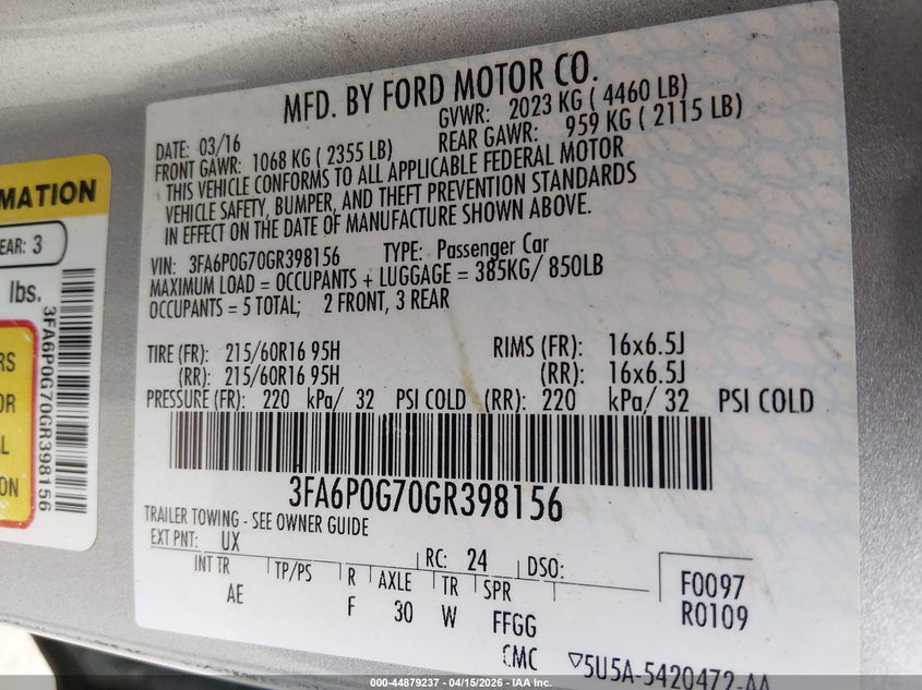2016 Ford Fusion S VIN: 3FA6P0G70GR398156 Lot: 44879237