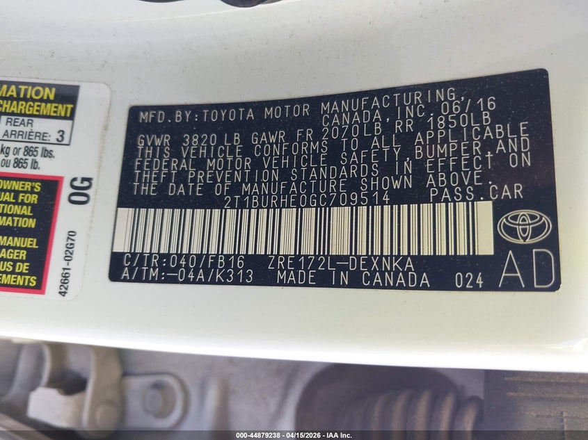 2016 Toyota Corolla Le VIN: 2T1BURHE0GC709514 Lot: 44879238