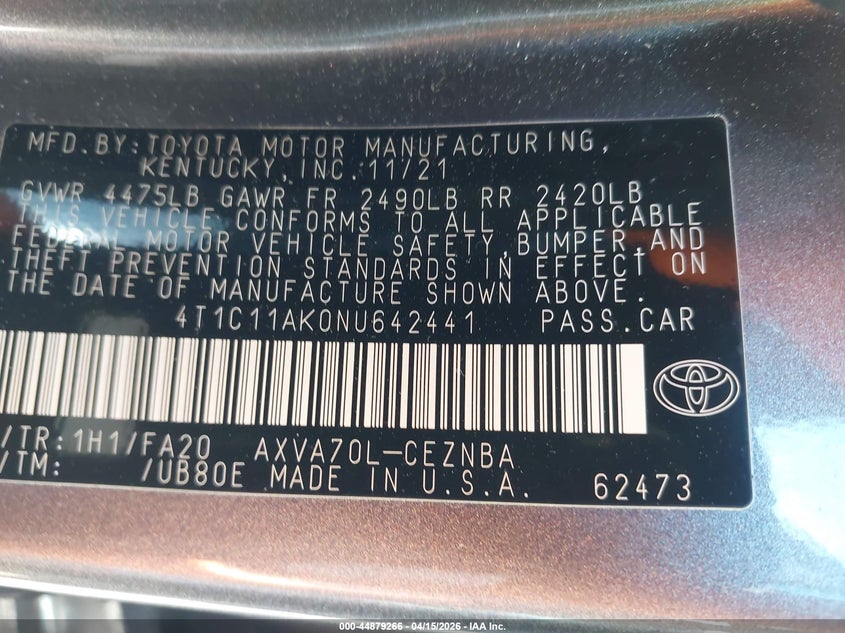 2022 Toyota Camry Le VIN: 4T1C11AK0NU642441 Lot: 44879266