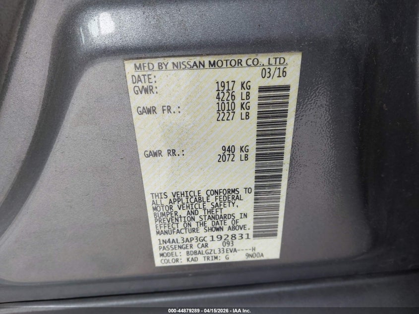 2016 Nissan Altima 2.5 S VIN: 1N4AL3AP3GC192831 Lot: 44879289