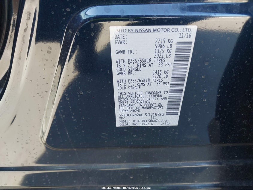 2017 Infiniti Qx60 VIN: 5N1DL0MN2HC512962 Lot: 44879306